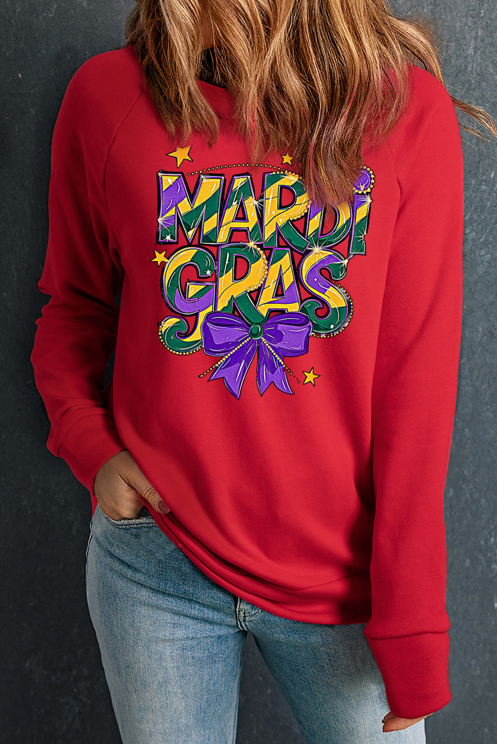 Mardi Gras Bow Graphic Round Neck Raglan Sleeve Sweatshirt
