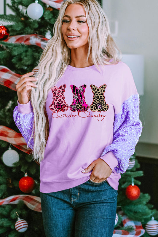 Easter Glam Sequin Patchwork Long Sleeve Top for Spring