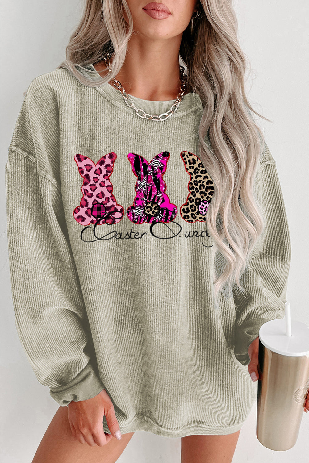 Easter Sunday Graphic Ribbed Knit Round Neck Pullover Sweatshirt