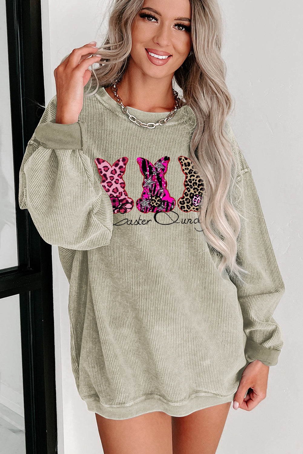 Easter Sunday Graphic Ribbed Knit Round Neck Pullover Sweatshirt