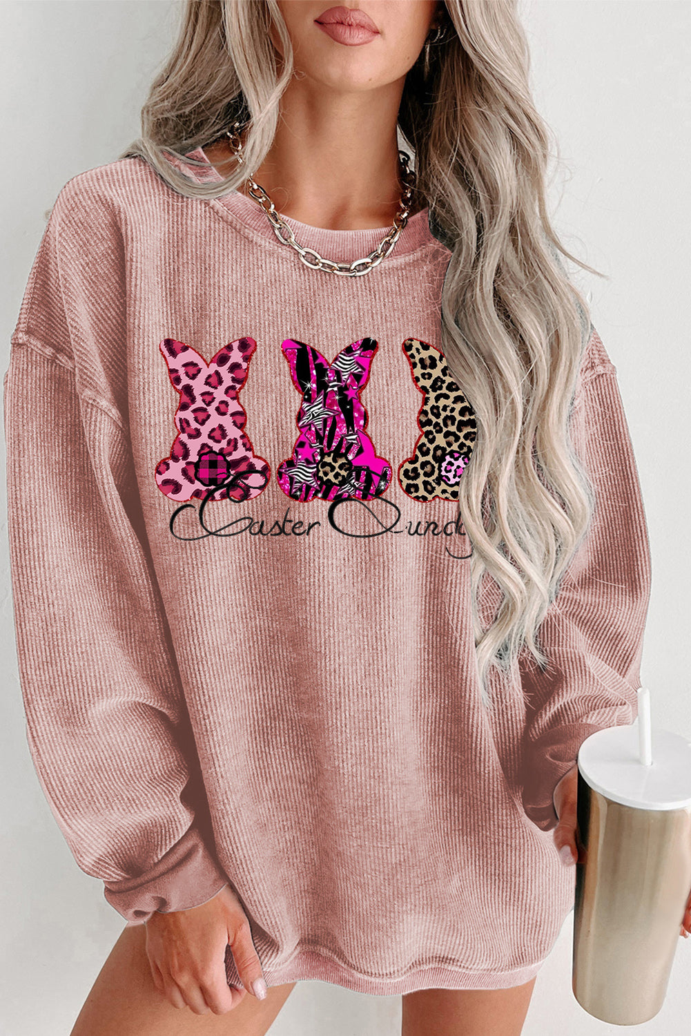 Easter Sunday Graphic Ribbed Knit Round Neck Pullover Sweatshirt