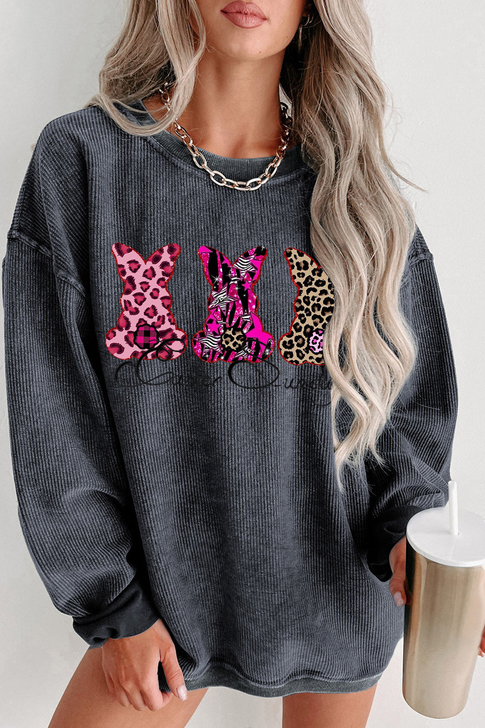 Easter Sunday Graphic Ribbed Knit Round Neck Pullover Sweatshirt