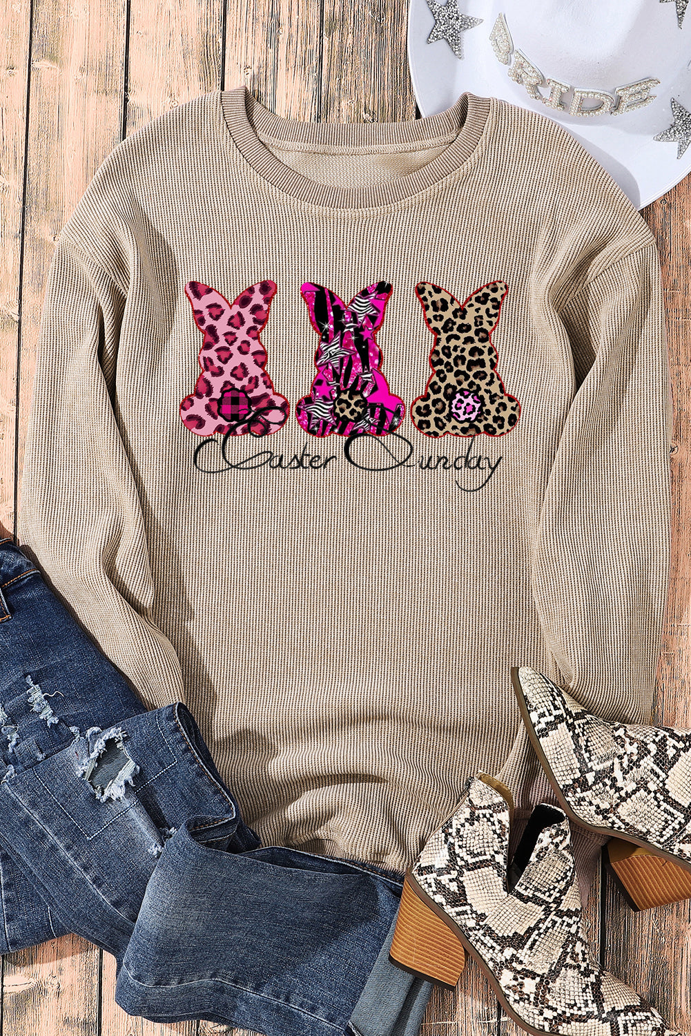 Easter Sunday Graphic Ribbed Knit Round Neck Pullover Sweatshirt