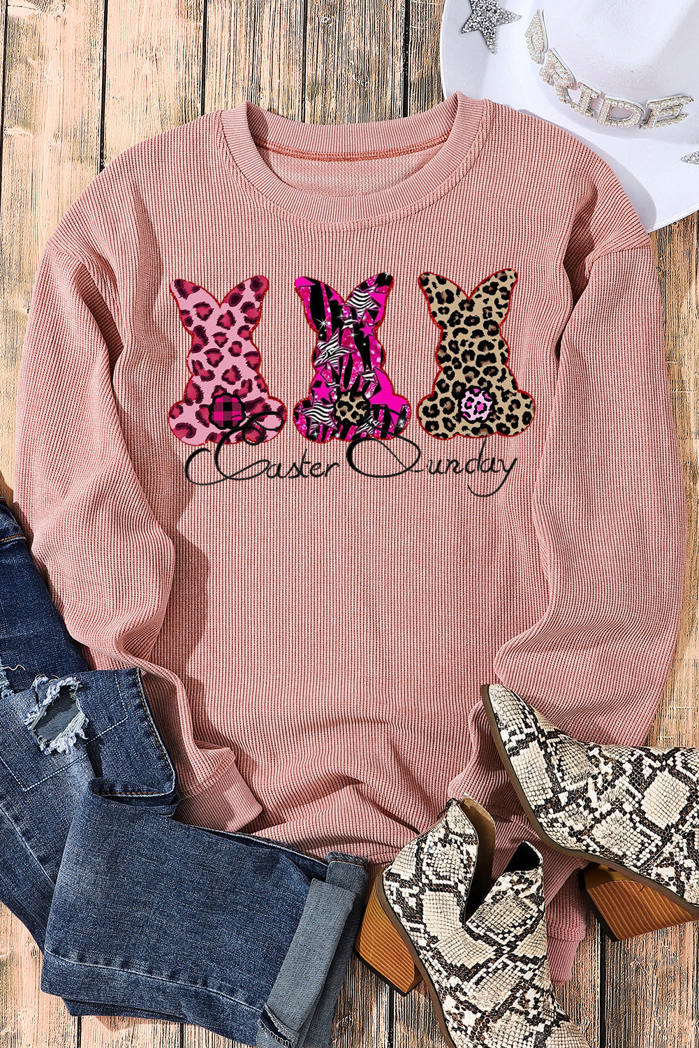 Easter Sunday Graphic Ribbed Knit Round Neck Pullover Sweatshirt