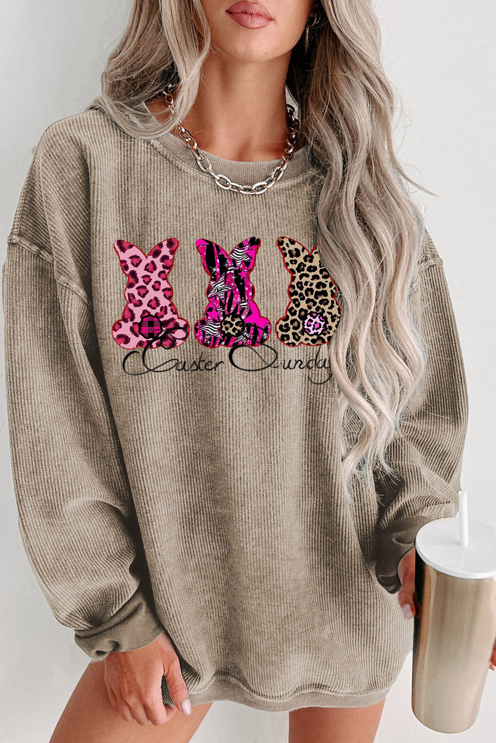 Easter Sunday Graphic Ribbed Knit Round Neck Pullover Sweatshirt