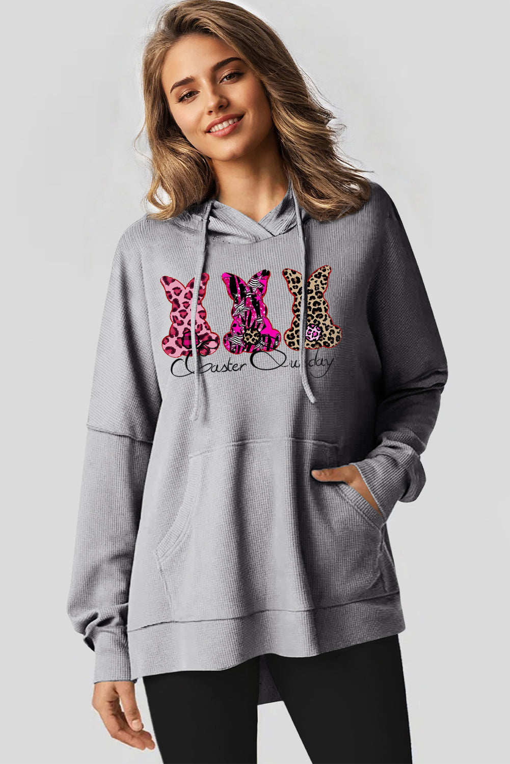 Easter Vibes Waffle Knit Fleece Lined High Low Oversized Hoodie