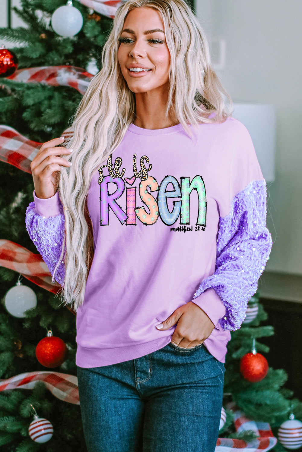 Easter's Day Sequin Patchwork Long Sleeve Pullover Top