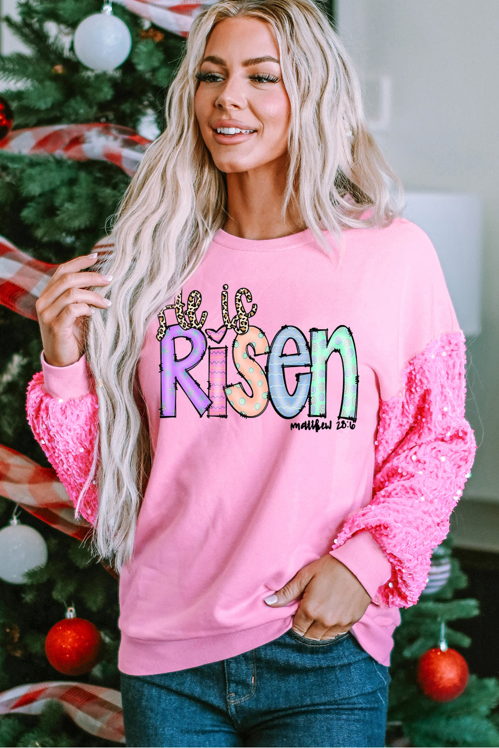 Easter's Day Sequin Patchwork Long Sleeve Pullover Top
