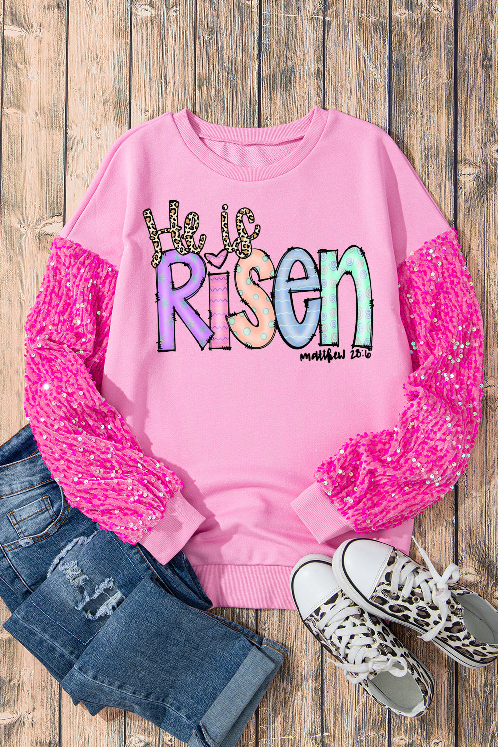 Easter's Day Sequin Patchwork Long Sleeve Pullover Top