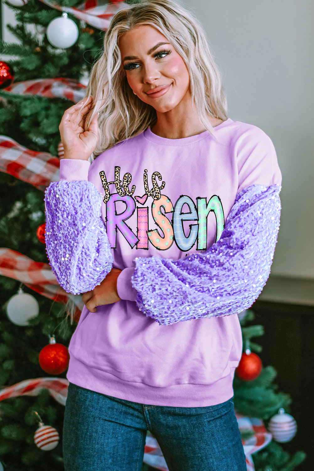 Easter's Day Sequin Patchwork Long Sleeve Pullover Top
