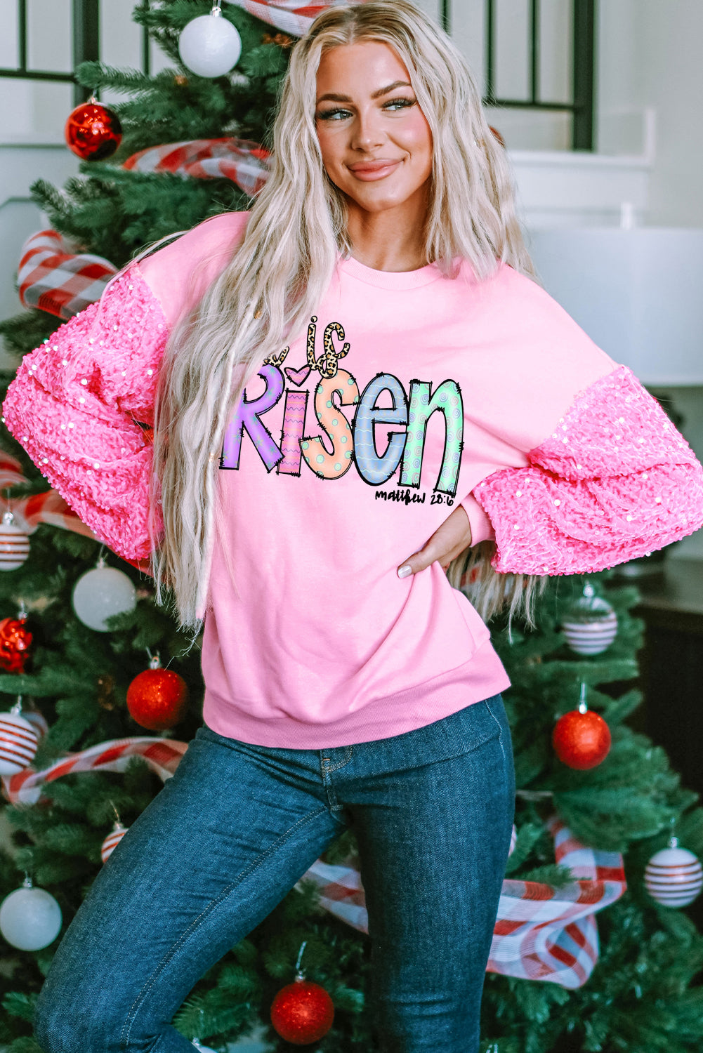 Easter's Day Sequin Patchwork Long Sleeve Pullover Top