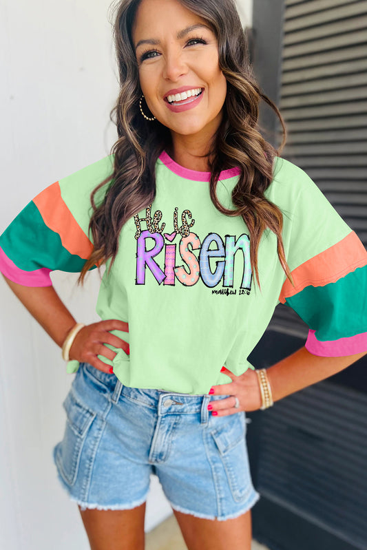 Easter's Day Color Block Stitching Sleeve Round Neck Oversize Top