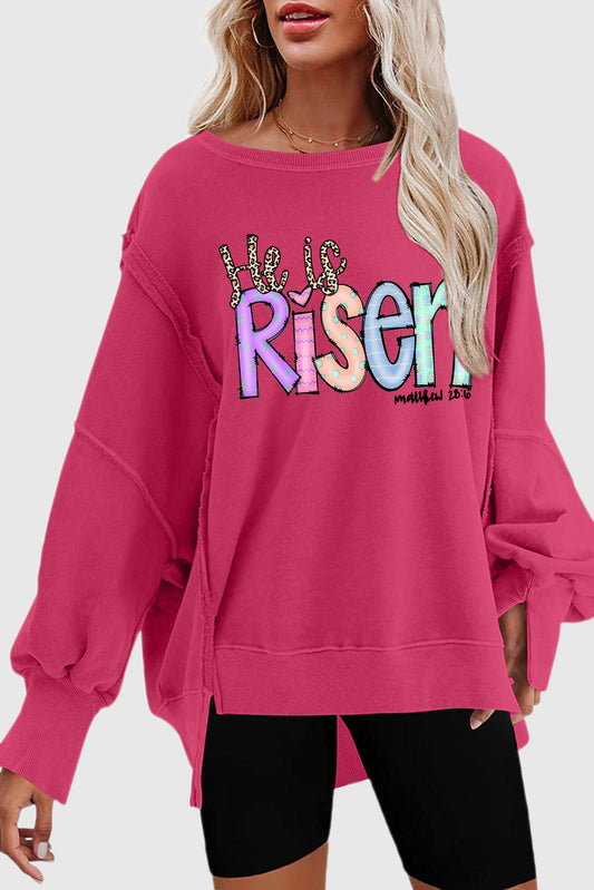 Easter Exposed Seam Drop Shoulder Slit High Low Hem Sweatshirt