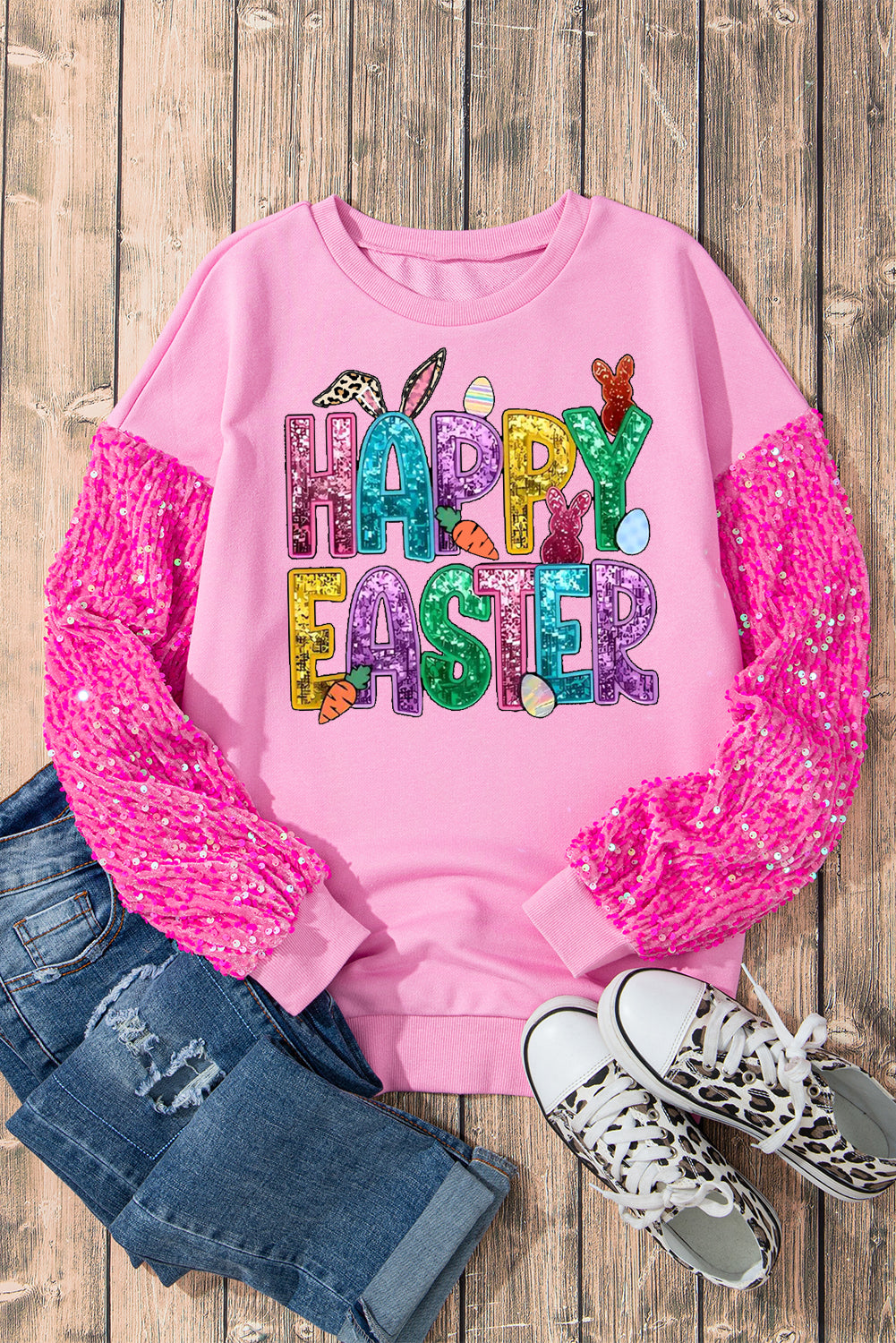 Happy Easter Bunny Sequin Patchwork Long Sleeve Pullover Top