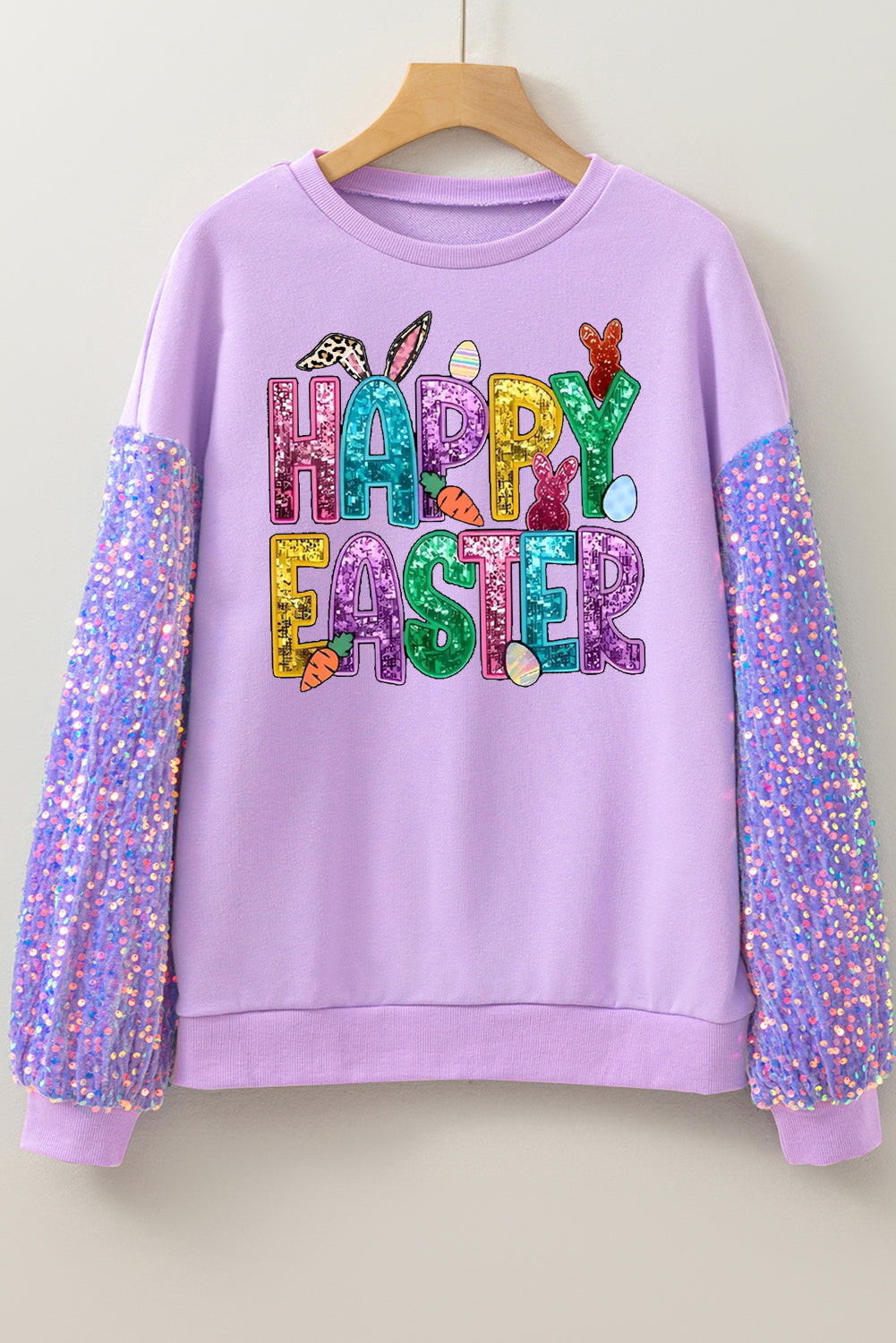 Happy Easter Bunny Sequin Patchwork Long Sleeve Pullover Top