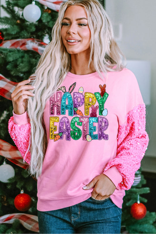 Happy Easter Bunny Sequin Patchwork Long Sleeve Pullover Top