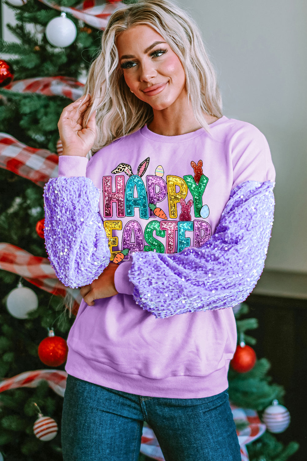 Happy Easter Bunny Sequin Patchwork Long Sleeve Pullover Top