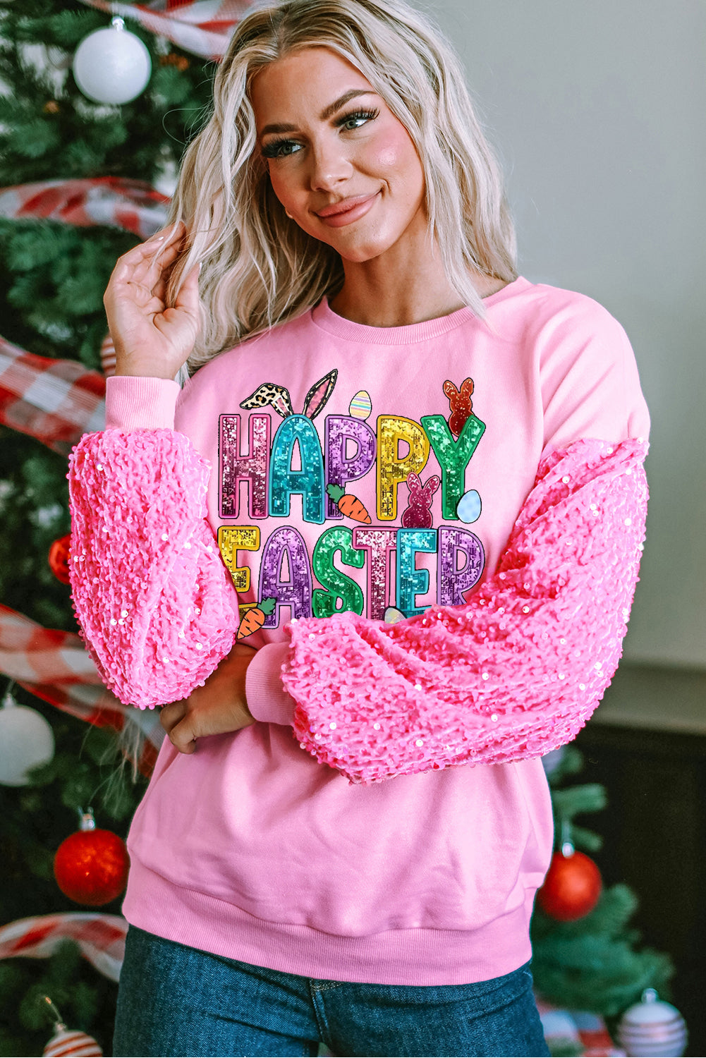 Happy Easter Bunny Sequin Patchwork Long Sleeve Pullover Top