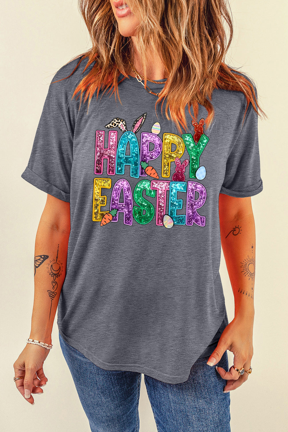 Happy Easter Bunny Solid Color Casual Plain Crew Neck Tee