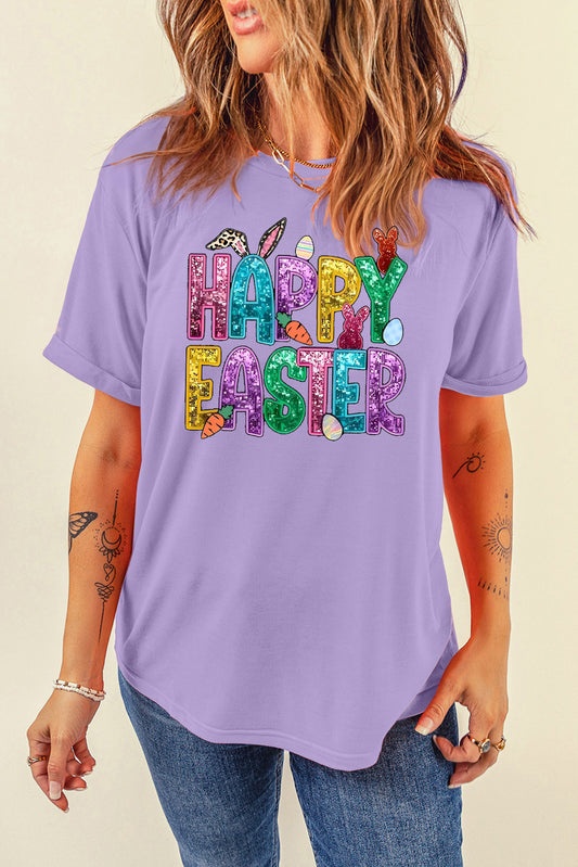 Happy Easter Bunny Solid Color Casual Plain Crew Neck Tee