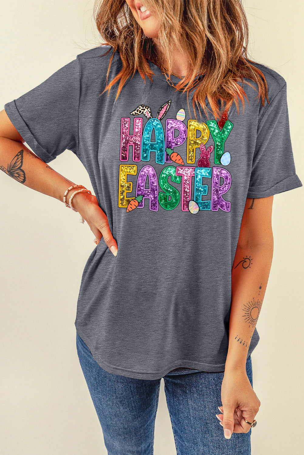 Happy Easter Bunny Solid Color Casual Plain Crew Neck Tee