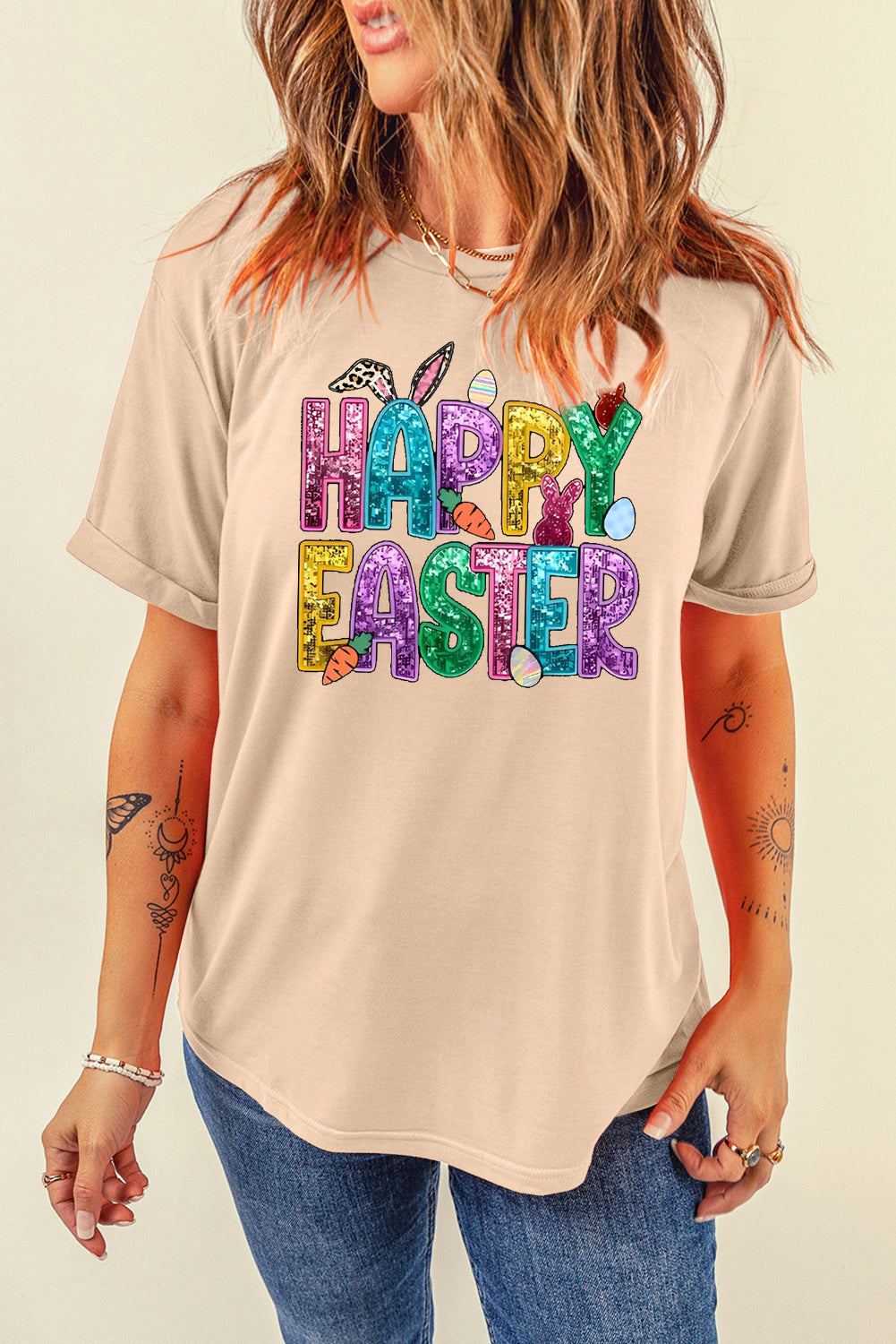 Happy Easter Bunny Solid Color Casual Plain Crew Neck Tee
