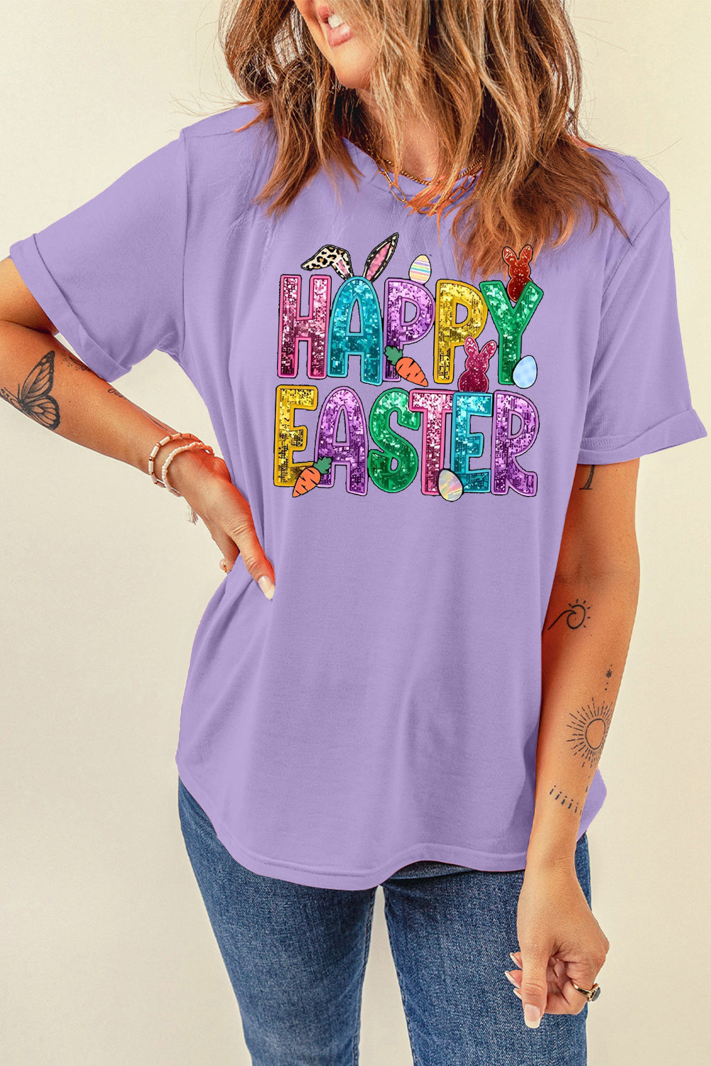 Happy Easter Bunny Solid Color Casual Plain Crew Neck Tee