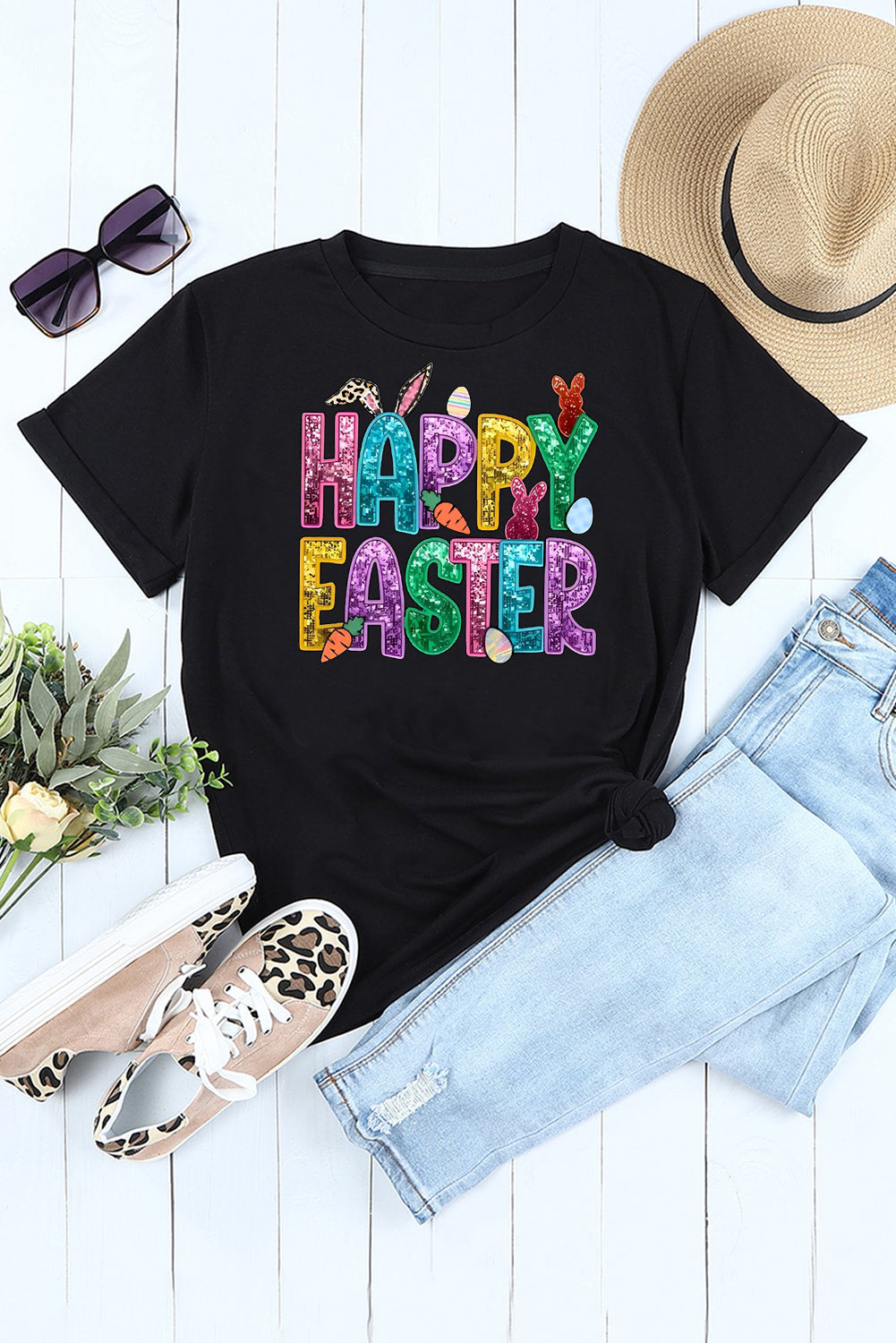 Happy Easter Bunny Solid Color Casual Plain Crew Neck Tee
