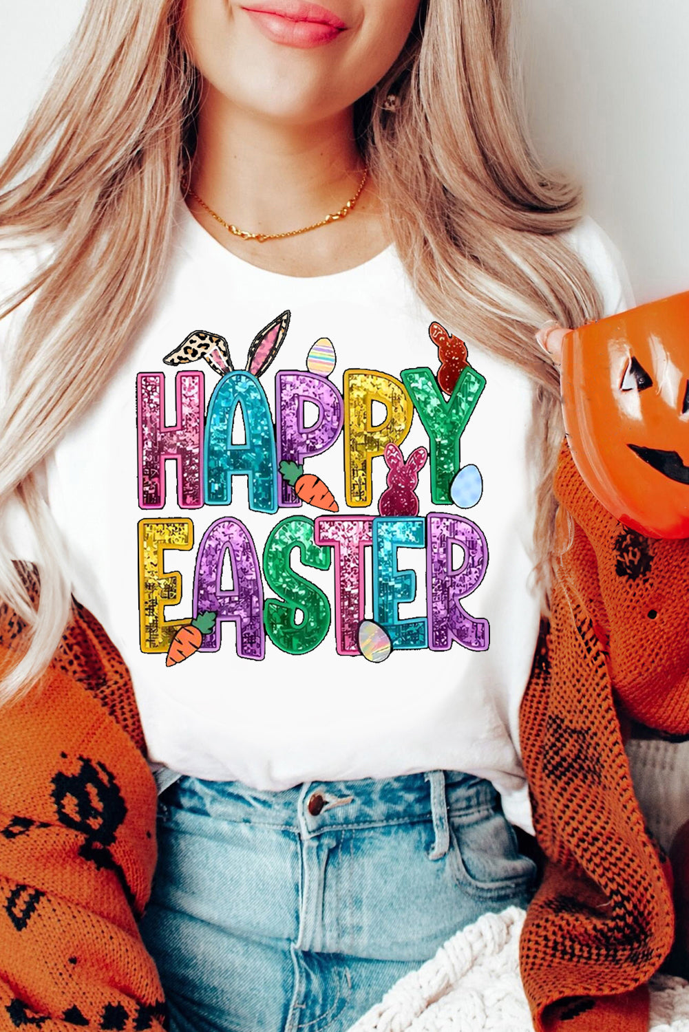 Happy Easter Bunny Solid Color Casual Plain Crew Neck Tee