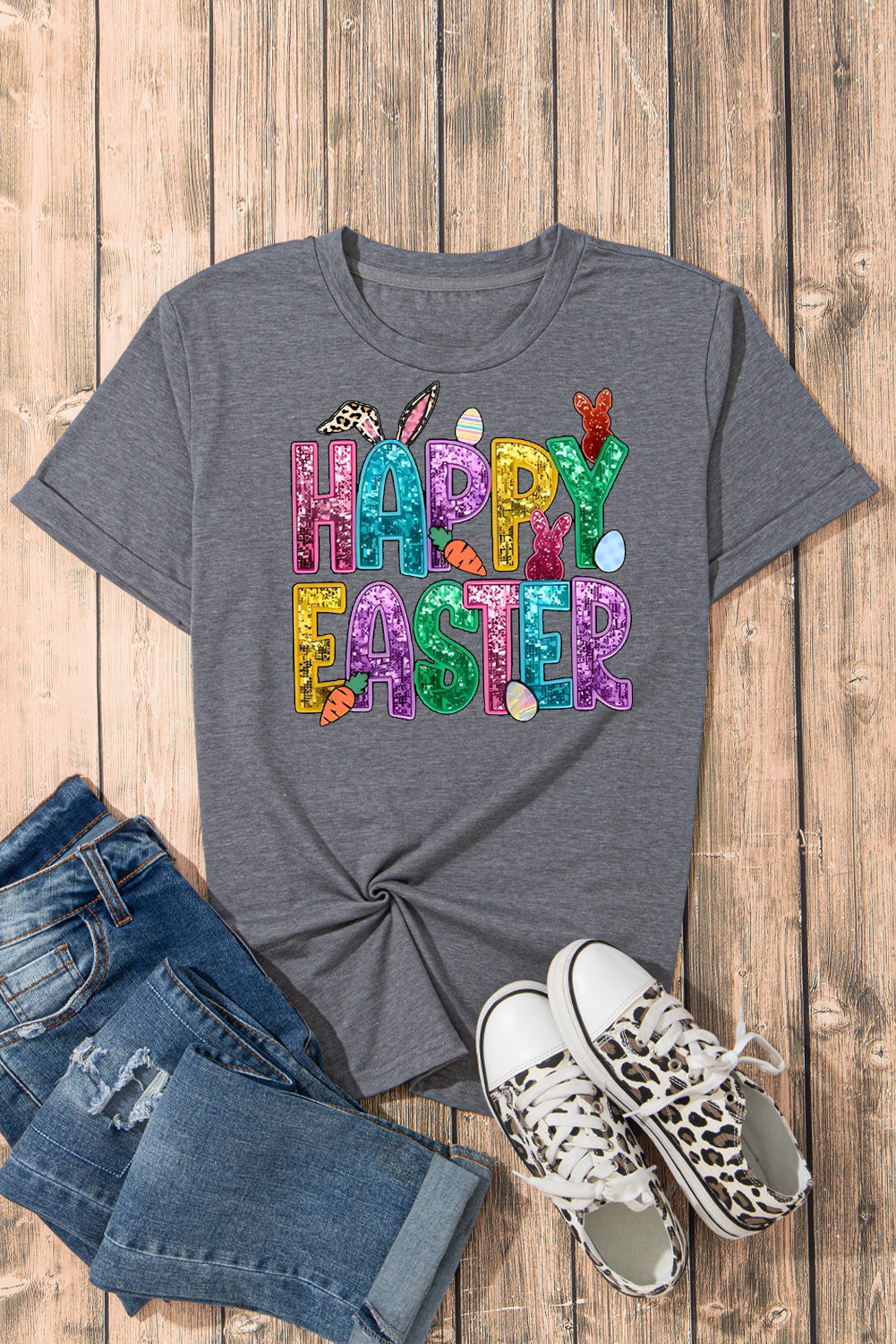 Happy Easter Bunny Solid Color Casual Plain Crew Neck Tee