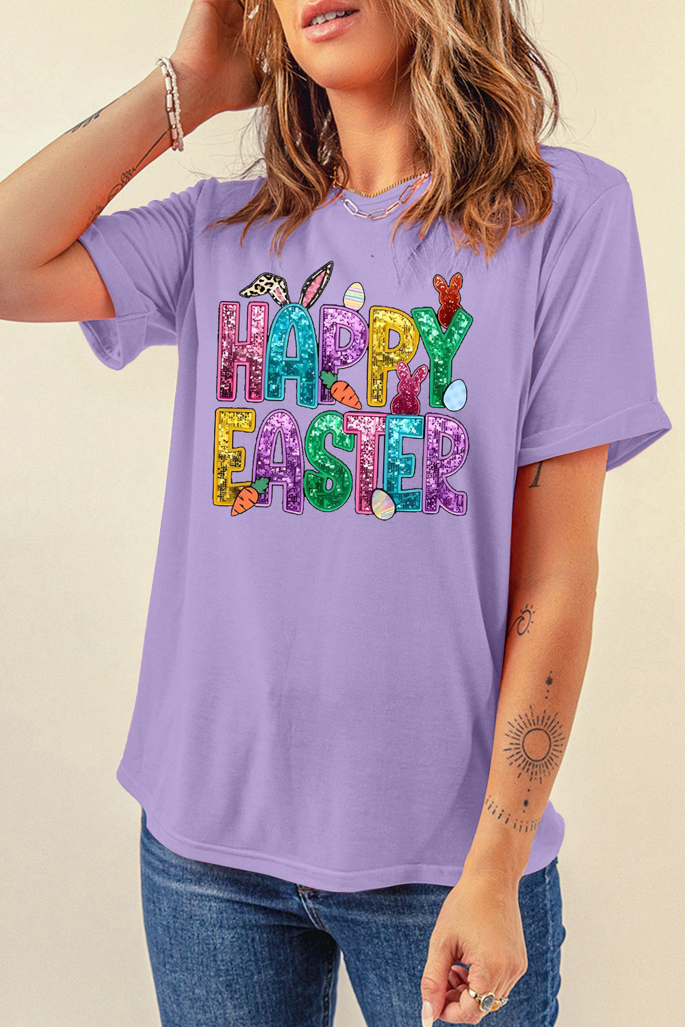 Happy Easter Bunny Solid Color Casual Plain Crew Neck Tee