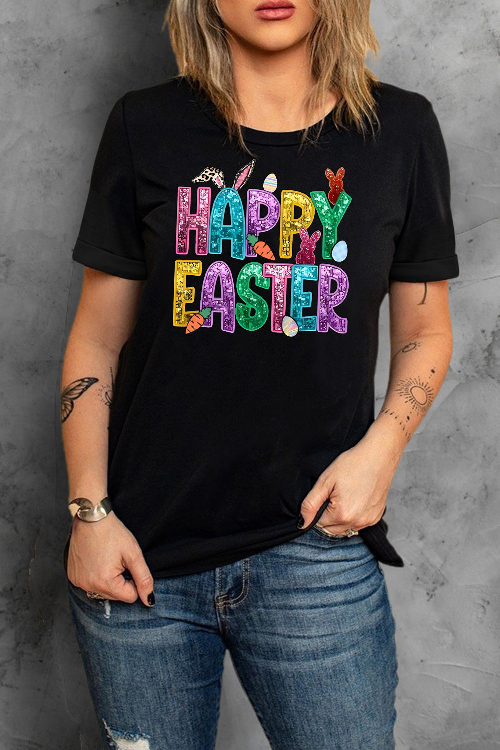 Happy Easter Bunny Solid Color Casual Plain Crew Neck Tee