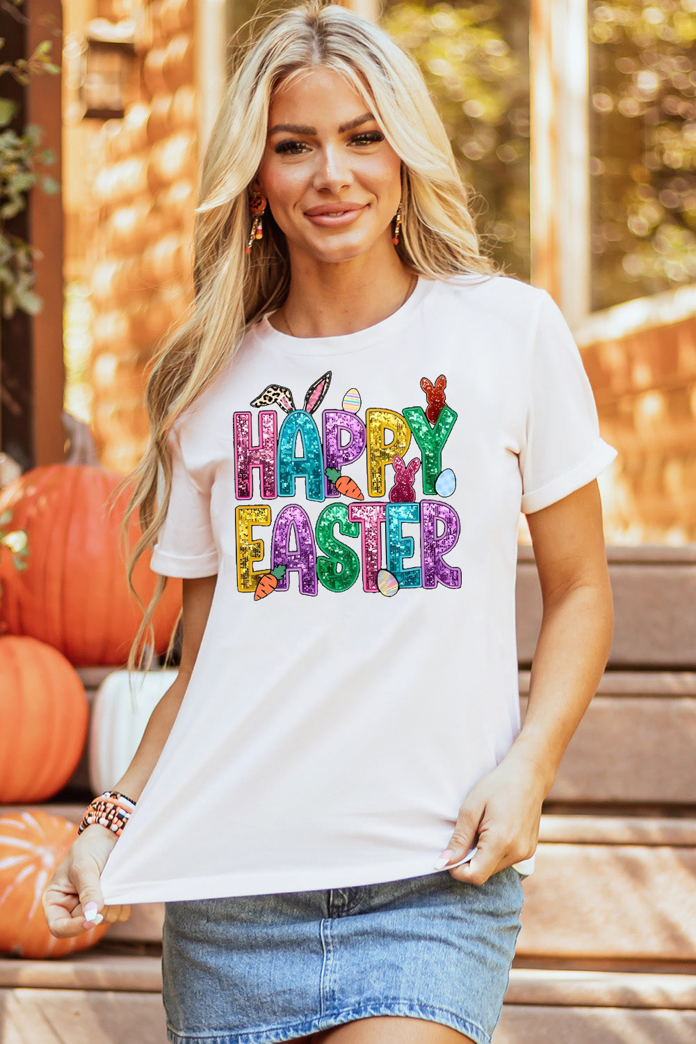 Happy Easter Bunny Solid Color Casual Plain Crew Neck Tee
