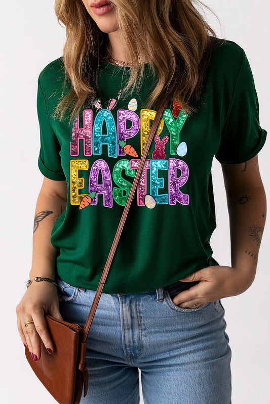 Happy Easter Bunny Solid Color Crew Neck T-Shirt  for Summer