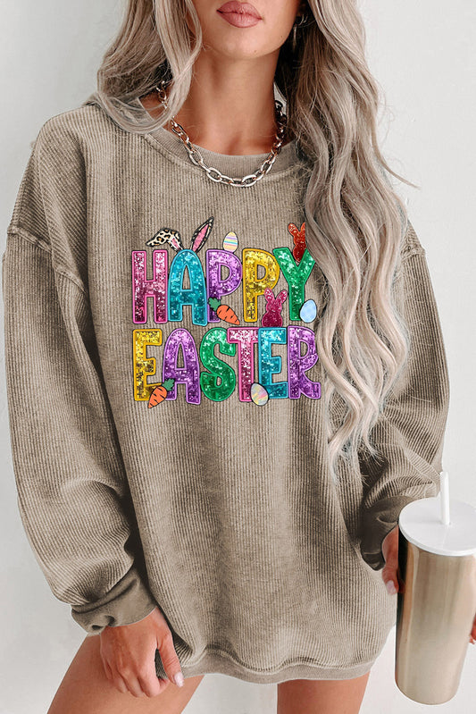 Happy Easter Bunny Solid Ribbed Knit Round Neck Pullover Sweatshirt