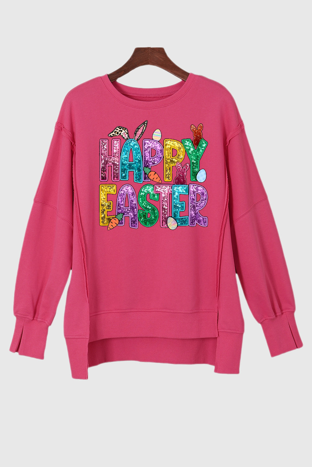 Happy Easter Bunny Exposed Seam Drop Shoulder High-Low Sweatshirt