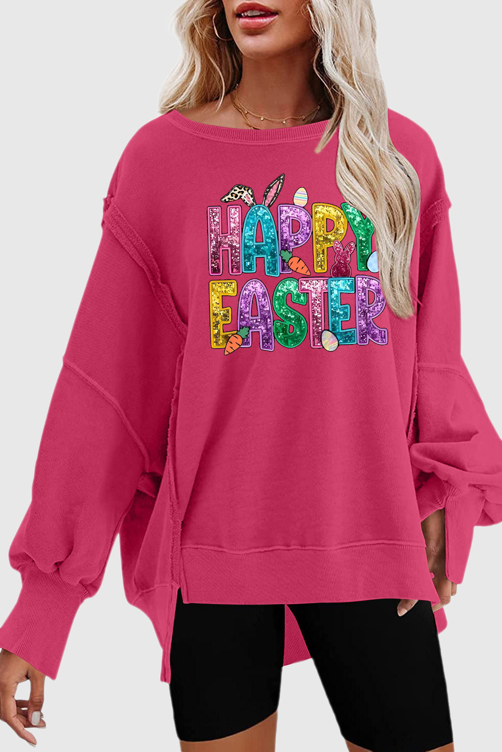 Happy Easter Bunny Exposed Seam Drop Shoulder High-Low Sweatshirt
