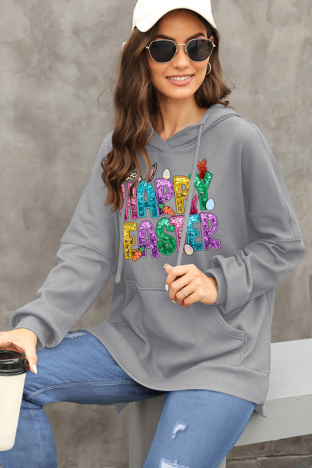 Happy Easter Bunny Waffle Knit Fleece Lined High Low Oversized Hoodie