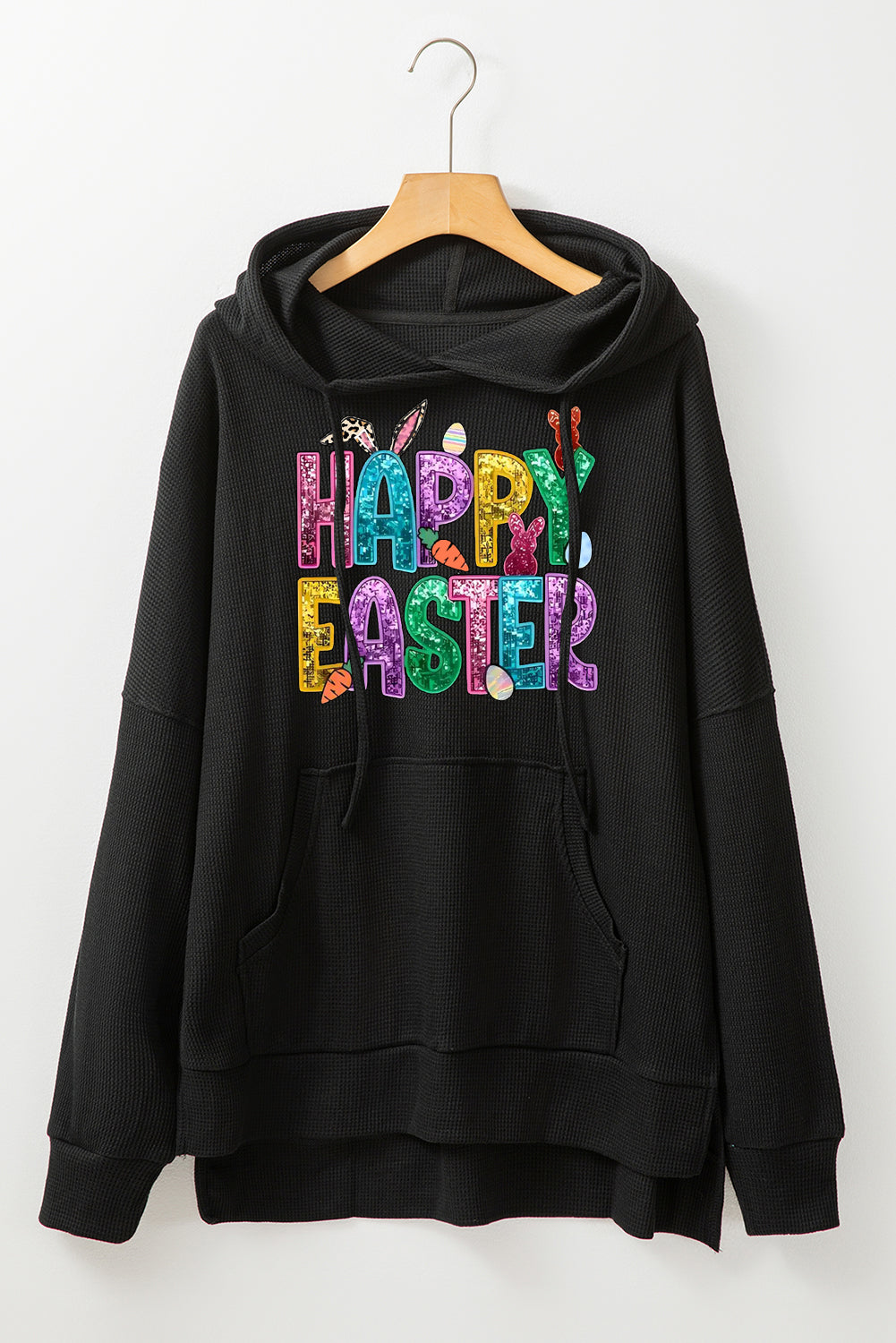 Happy Easter Bunny Waffle Knit Fleece Lined High Low Oversized Hoodie
