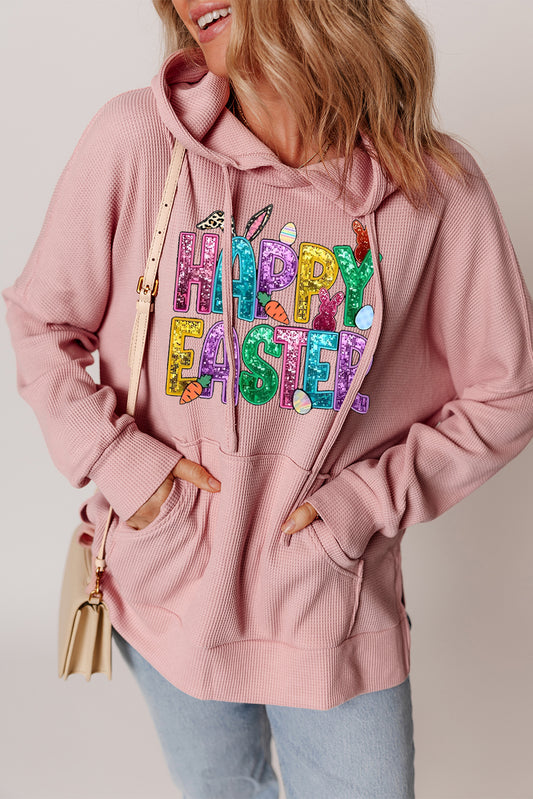 Happy Easter Bunny Waffle Knit Fleece Lined High Low Oversized Hoodie