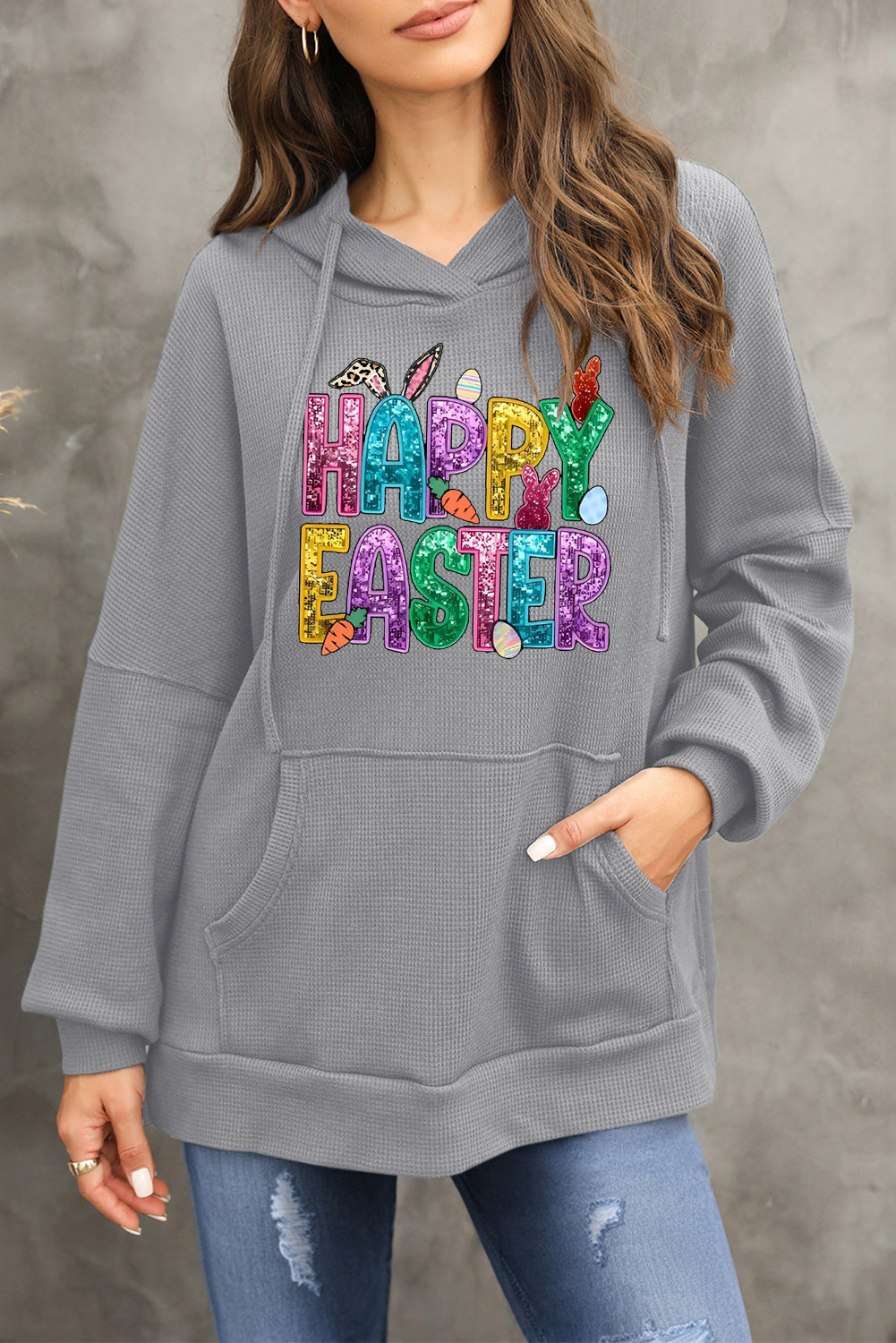 Happy Easter Bunny Waffle Knit Fleece Lined High Low Oversized Hoodie