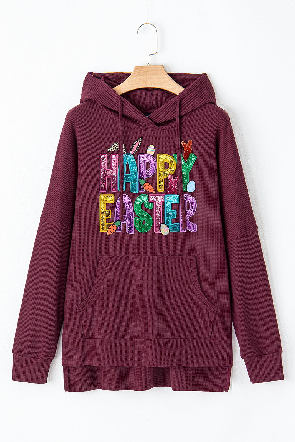 Happy Easter Bunny Waffle Knit Fleece Lined High Low Oversized Hoodie