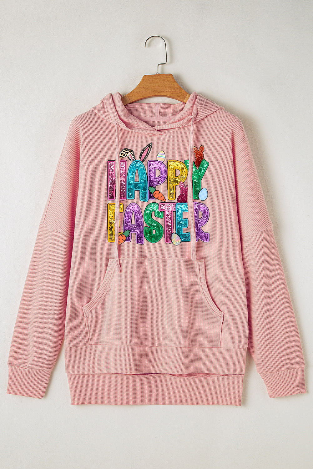 Happy Easter Bunny Waffle Knit Fleece Lined High Low Oversized Hoodie