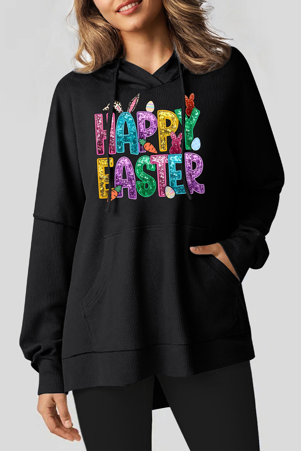 Happy Easter Bunny Waffle Knit Fleece Lined High Low Oversized Hoodie