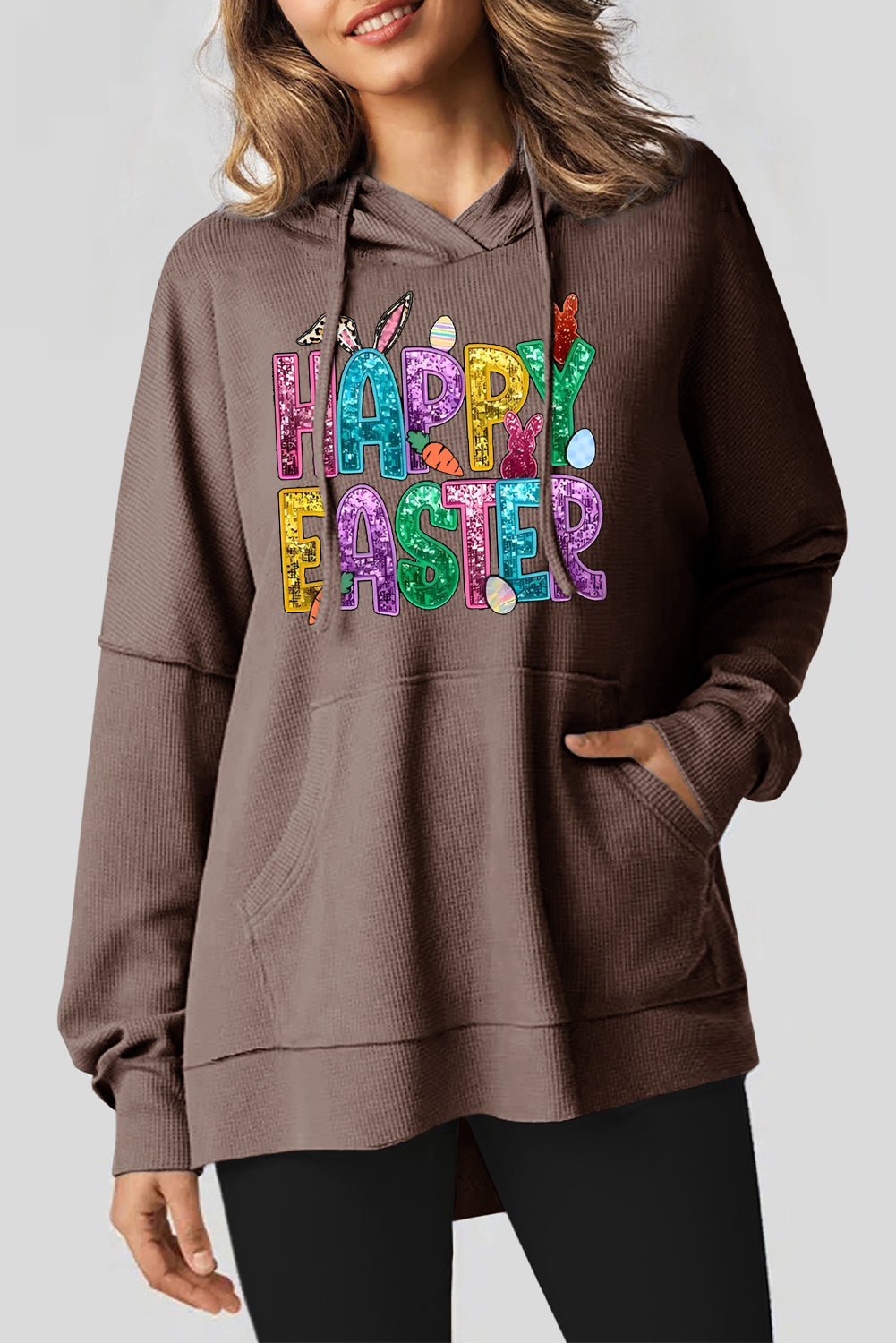 Happy Easter Bunny Waffle Knit Fleece Lined High Low Oversized Hoodie