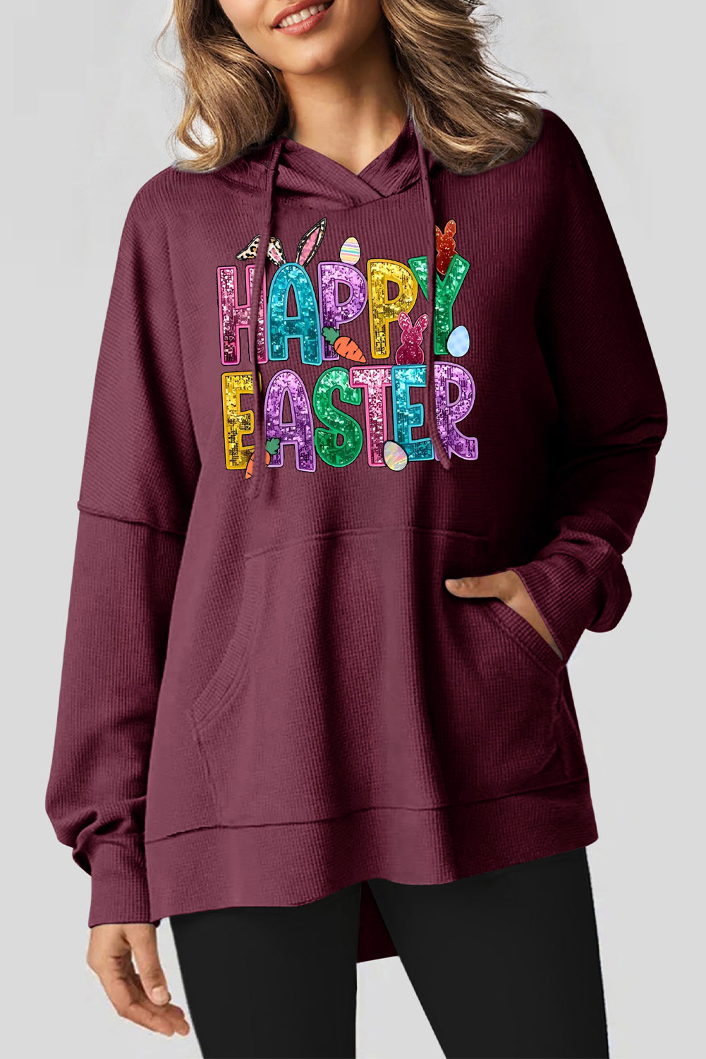 Happy Easter Bunny Waffle Knit Fleece Lined High Low Oversized Hoodie