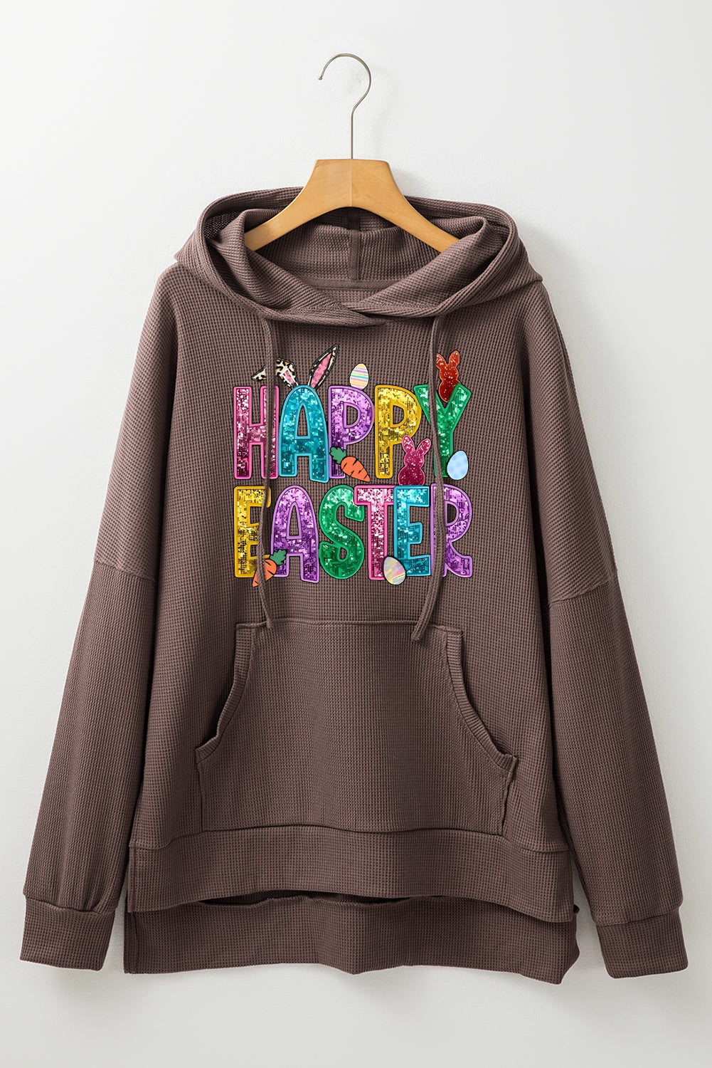 Happy Easter Bunny Waffle Knit Fleece Lined High Low Oversized Hoodie