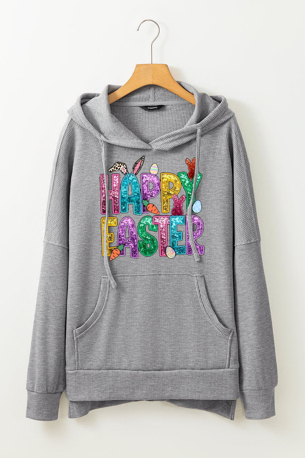 Happy Easter Bunny Waffle Knit Fleece Lined High Low Oversized Hoodie