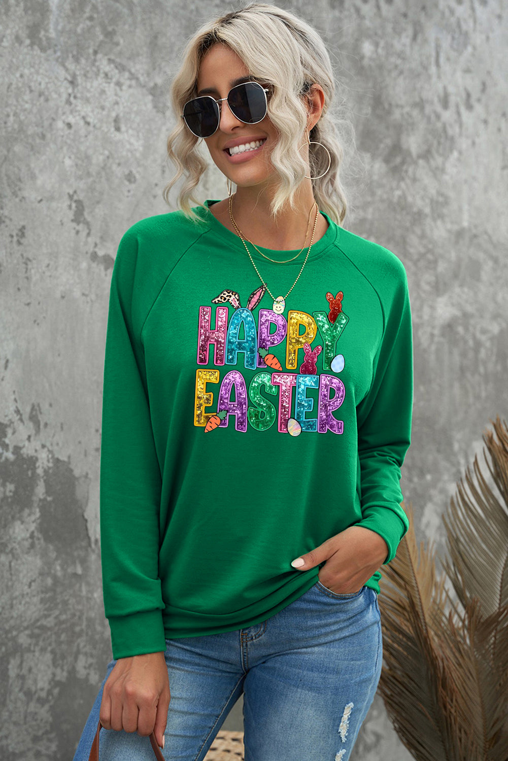 Happy Easter Bunny Solid Round Neck Raglan Sleeve Sweatshirt