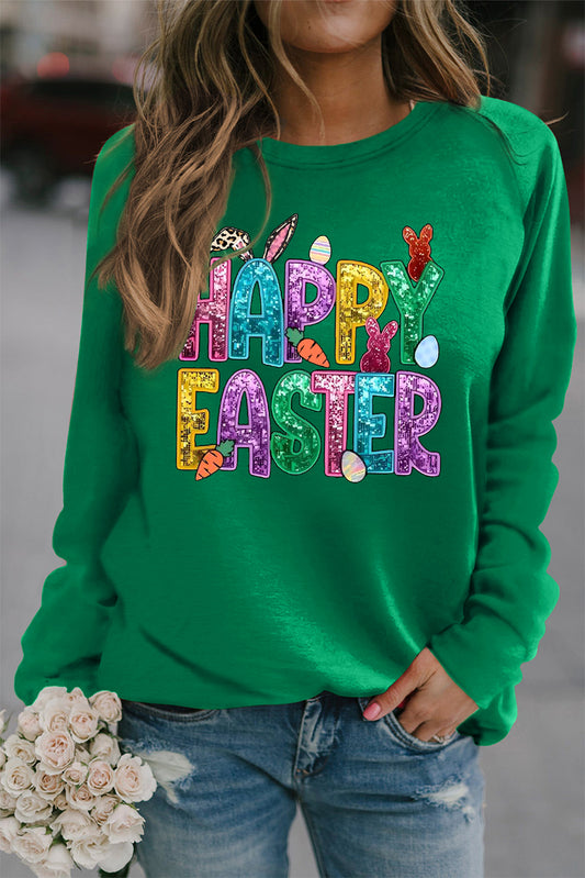 Happy Easter Bunny Solid Round Neck Raglan Sleeve Sweatshirt